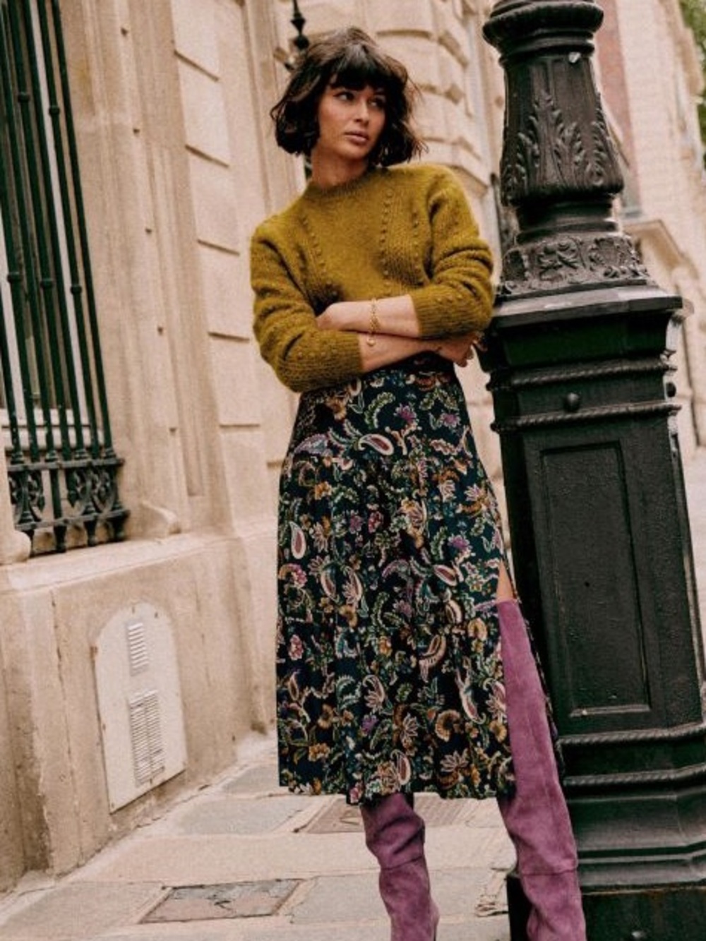 Sezane Floral Paisley Flowy Tiered Midi Skirt Navy Purple Fall Autumn Size 34